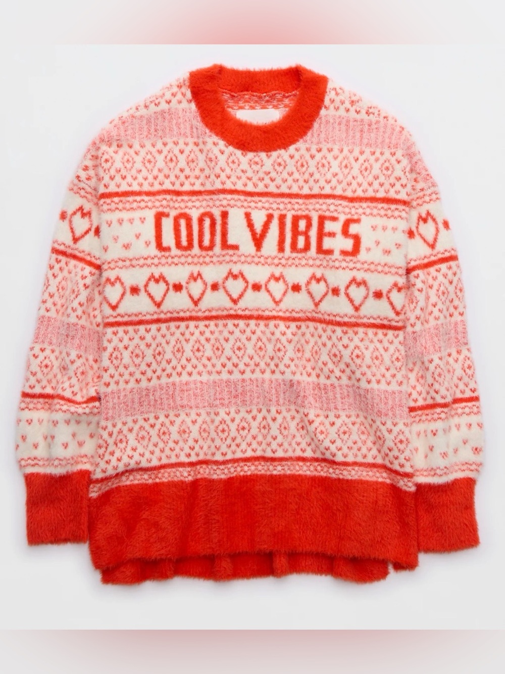 aerie Cozy 'COOL VIBES' Red & Cream Fuzzy Crewneck Sweater